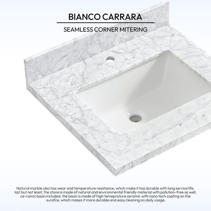 Zevio 25" W x 22" D Natural Marble Vanity Top in Carrara White with White Rectangular Single Sink