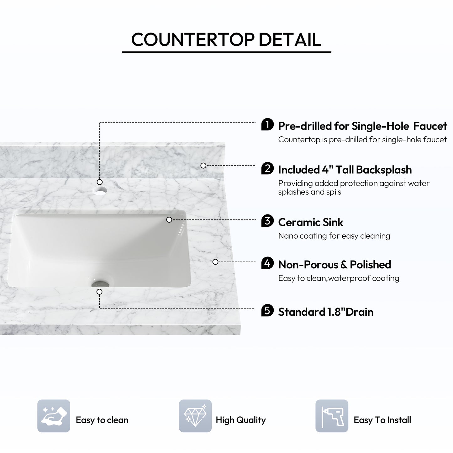 Zevio 25" W x 22" D Natural Marble Vanity Top in Carrara White with White Rectangular Single Sink