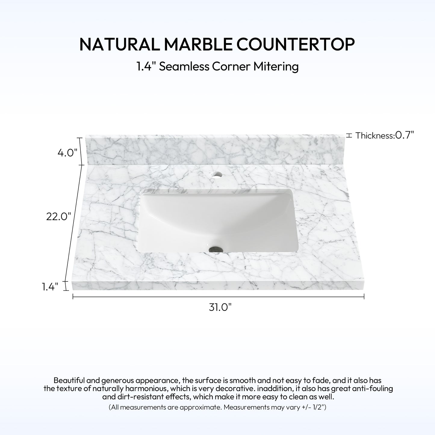 Zevio 31" W x 22" D Natural Marble Vanity Top in Carrara White with White Rectangular Single Sink