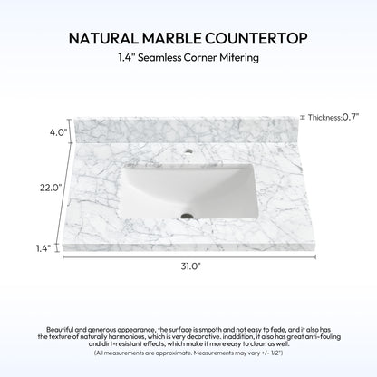 Zevio 31" W x 22" D Natural Marble Vanity Top in Carrara White with White Rectangular Single Sink