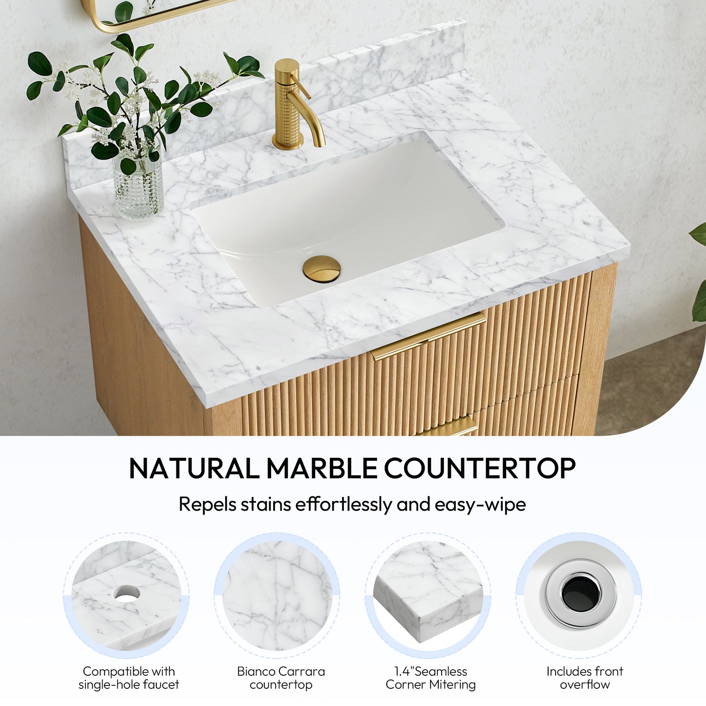 Zevio 31" W x 22" D Natural Marble Vanity Top in Carrara White with White Rectangular Single Sink