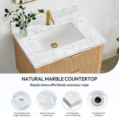 Zevio 31" W x 22" D Natural Marble Vanity Top in Carrara White with White Rectangular Single Sink