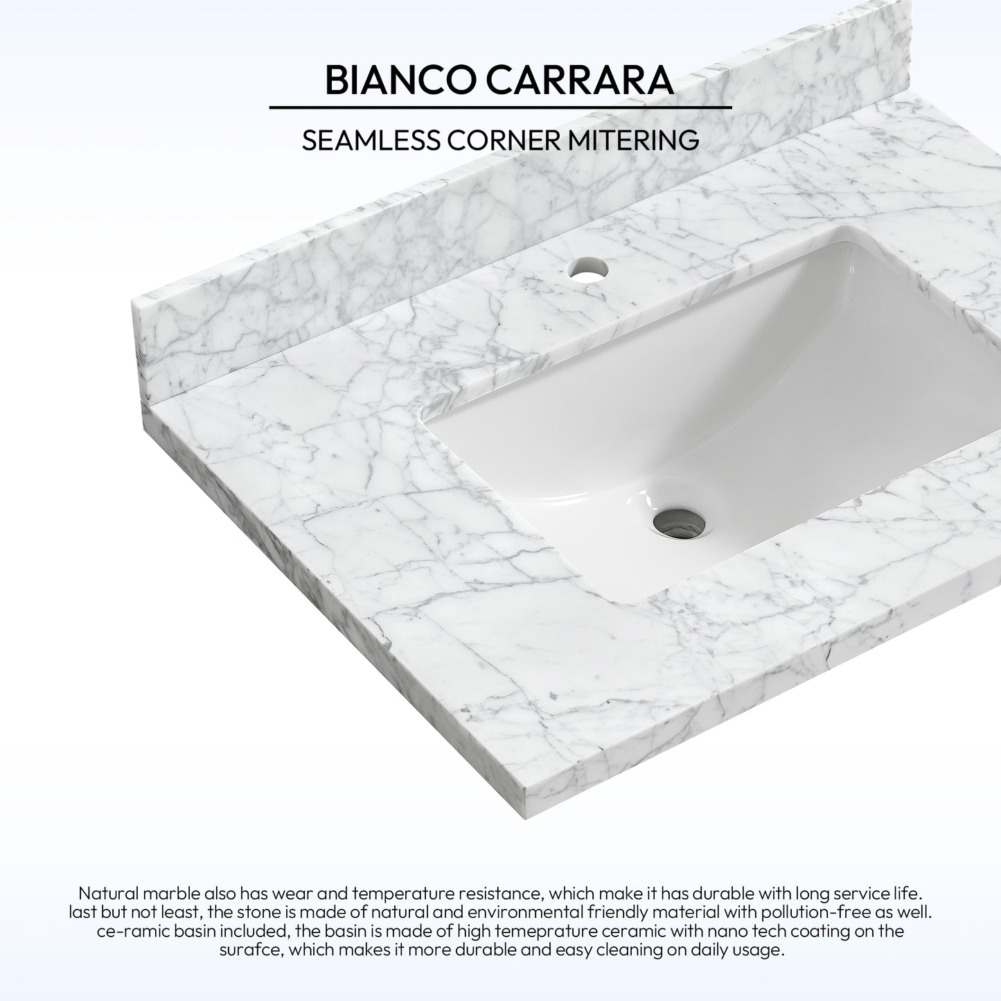 Zevio 31" W x 22" D Natural Marble Vanity Top in Carrara White with White Rectangular Single Sink