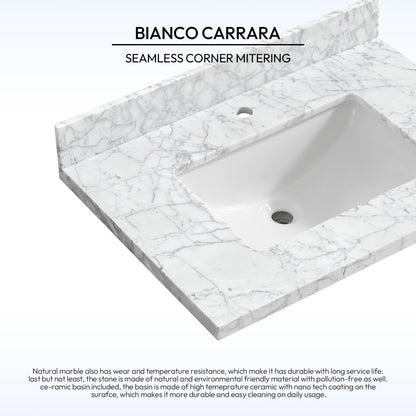 Zevio 31" W x 22" D Natural Marble Vanity Top in Carrara White with White Rectangular Single Sink