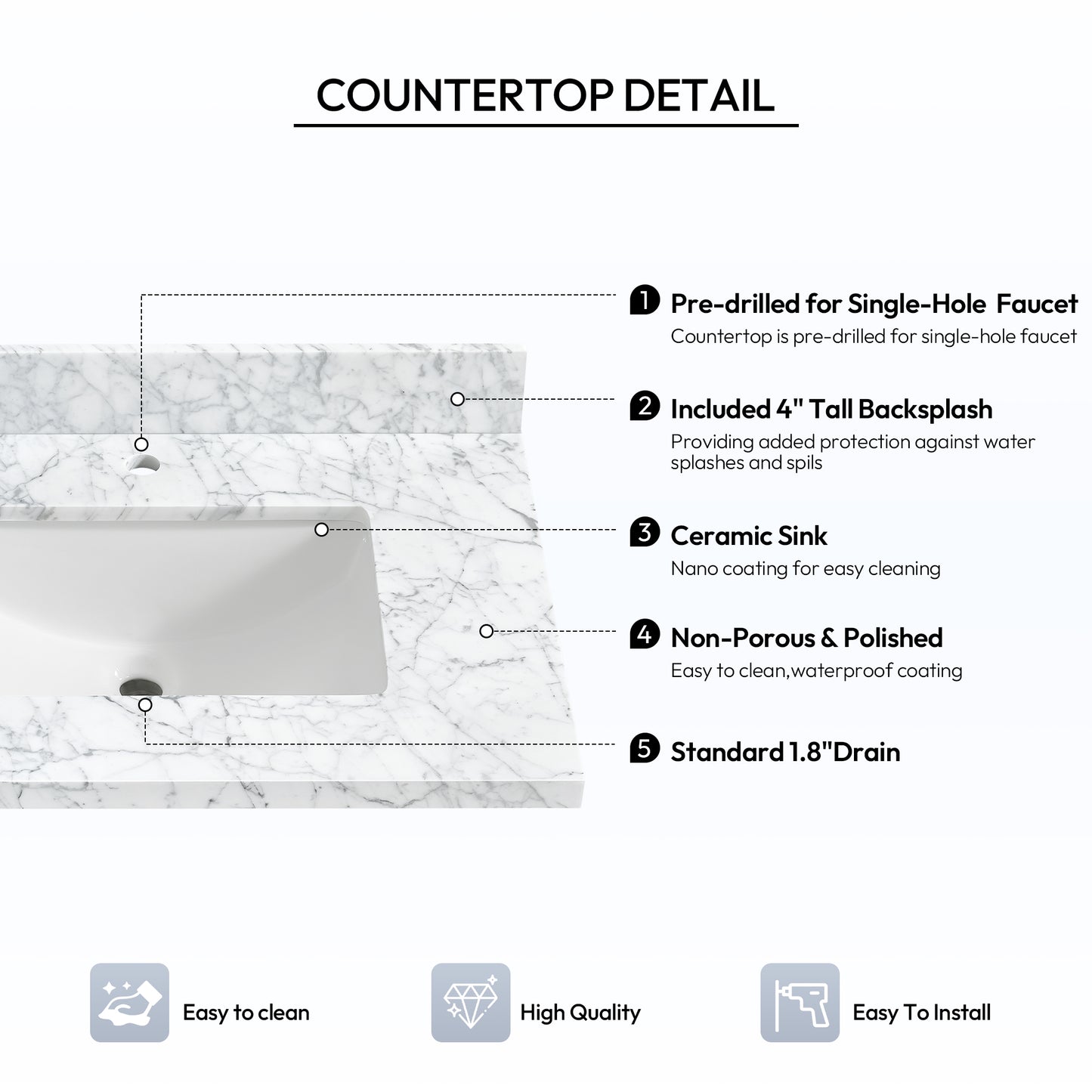 Zevio 31" W x 22" D Natural Marble Vanity Top in Carrara White with White Rectangular Single Sink