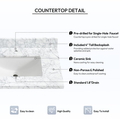 Zevio 31" W x 22" D Natural Marble Vanity Top in Carrara White with White Rectangular Single Sink