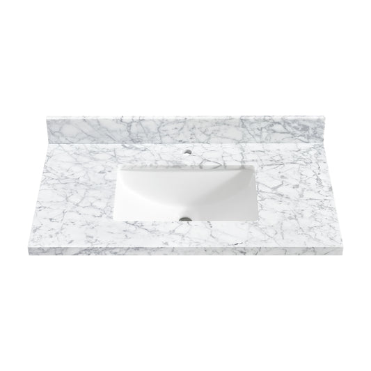 Zevio 37" W x 22" D Natural Marble Vanity Top in Carrara White with White Rectangular Single Sink