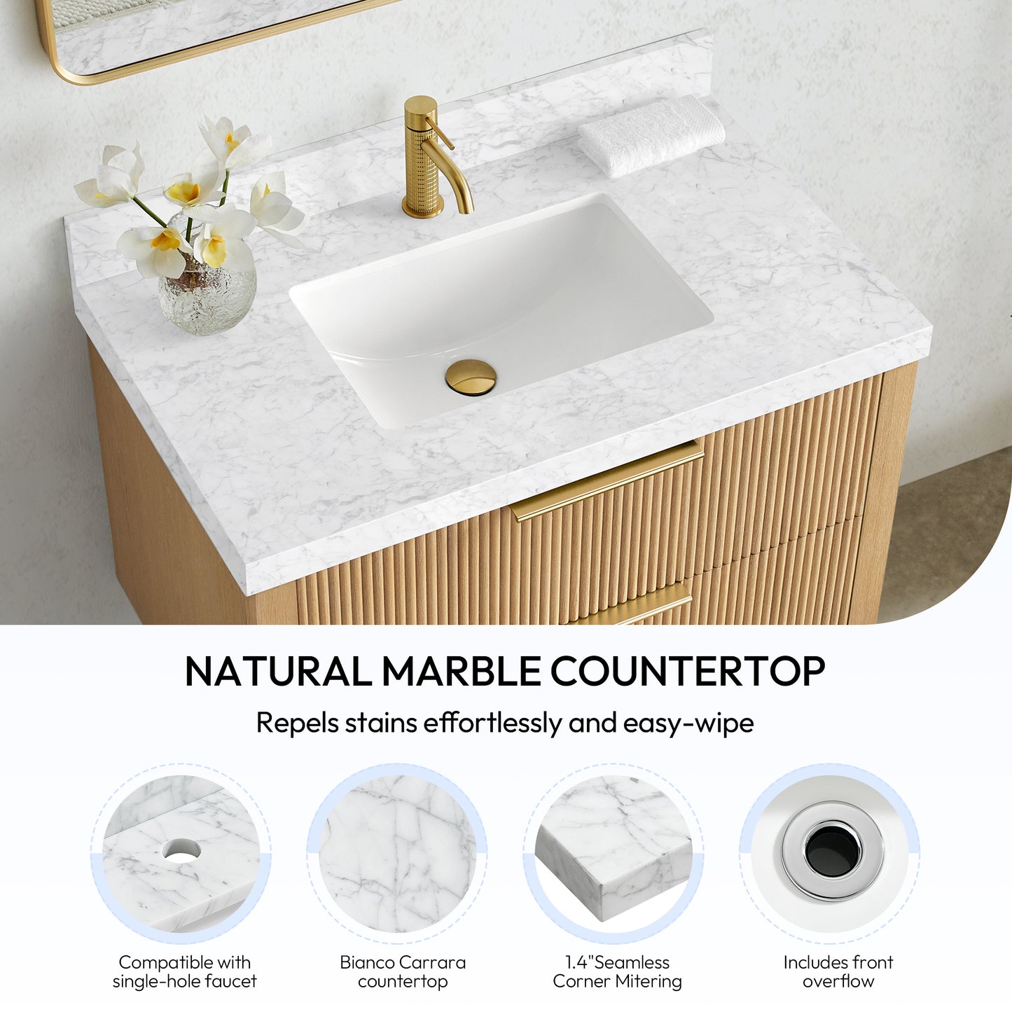Zevio 37" W x 22" D Natural Marble Vanity Top in Carrara White with White Rectangular Single Sink