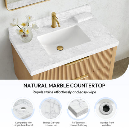 Zevio 37" W x 22" D Natural Marble Vanity Top in Carrara White with White Rectangular Single Sink