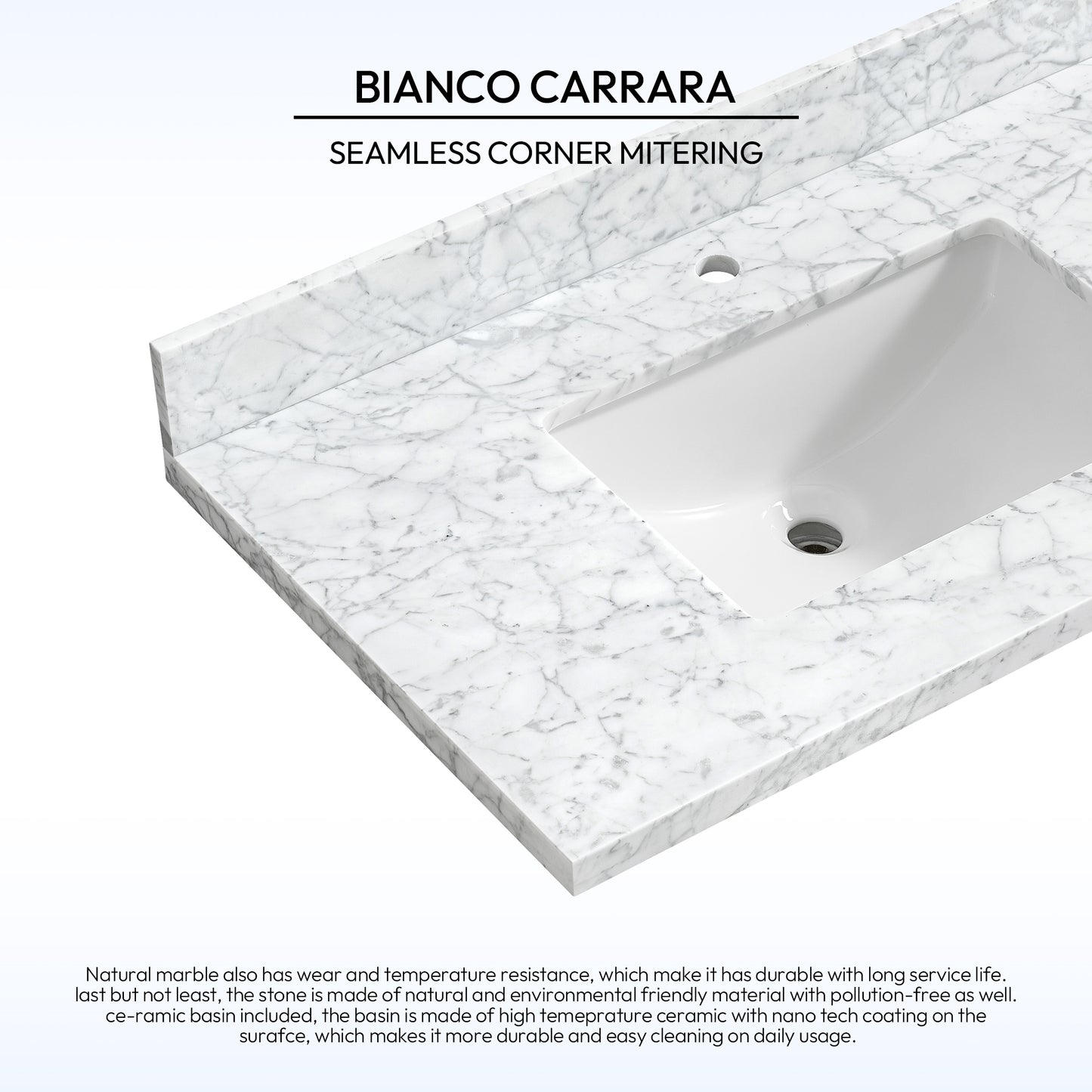 Zevio 37" W x 22" D Natural Marble Vanity Top in Carrara White with White Rectangular Single Sink