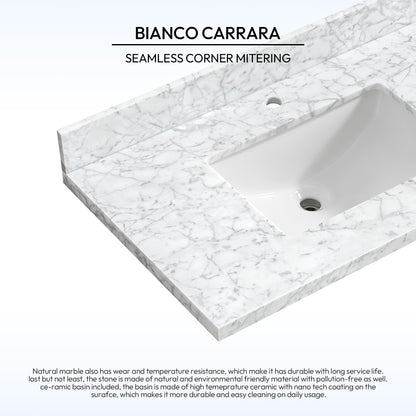 Zevio 37" W x 22" D Natural Marble Vanity Top in Carrara White with White Rectangular Single Sink
