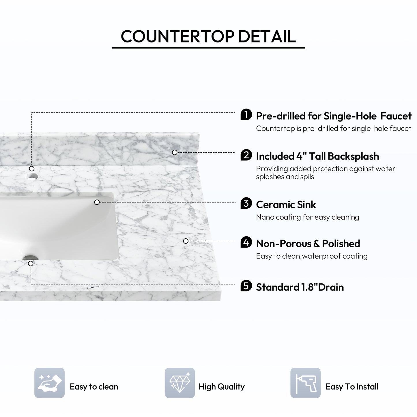 Zevio 37" W x 22" D Natural Marble Vanity Top in Carrara White with White Rectangular Single Sink