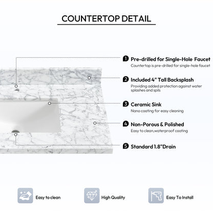 Zevio 37" W x 22" D Natural Marble Vanity Top in Carrara White with White Rectangular Single Sink