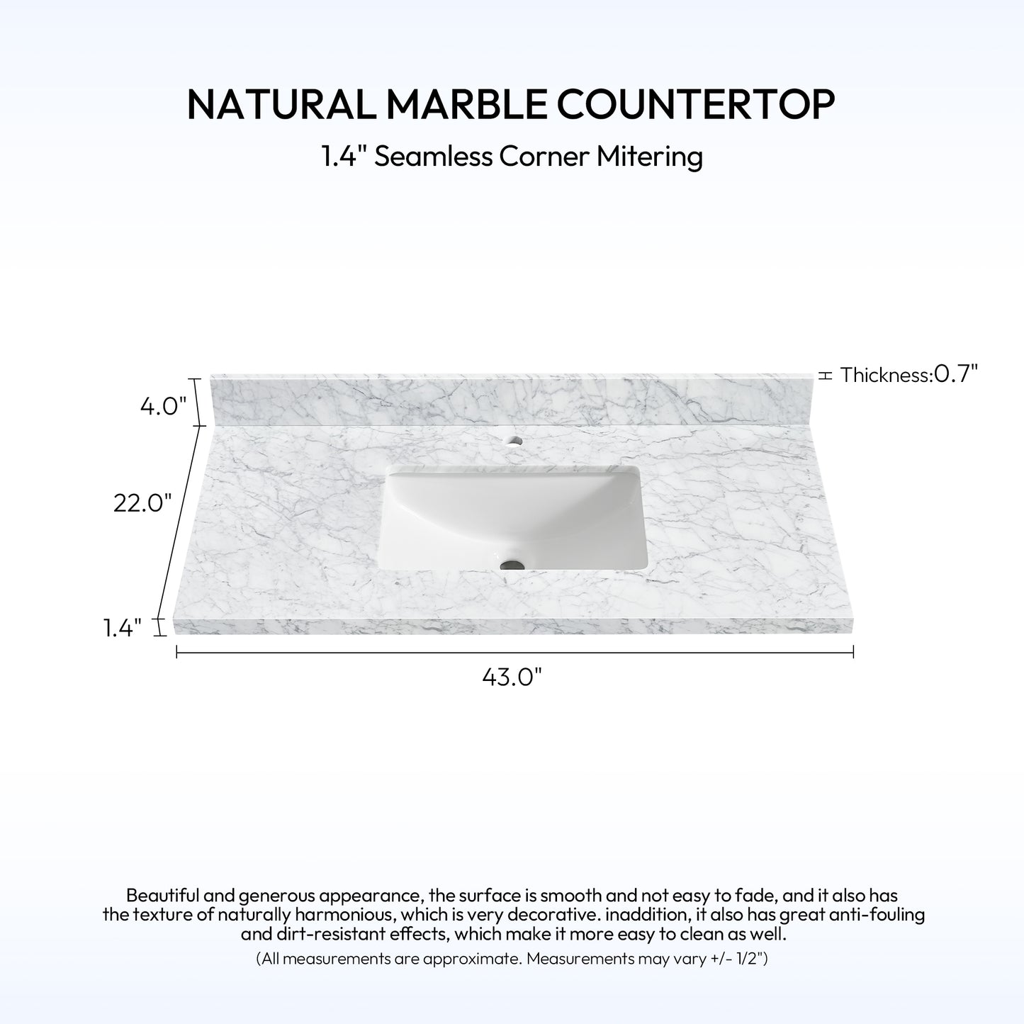 Zevio 43" W x 22" D Natural Marble Vanity Top in Carrara White with White Rectangular Single Sink
