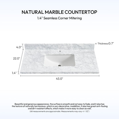 Zevio 43" W x 22" D Natural Marble Vanity Top in Carrara White with White Rectangular Single Sink