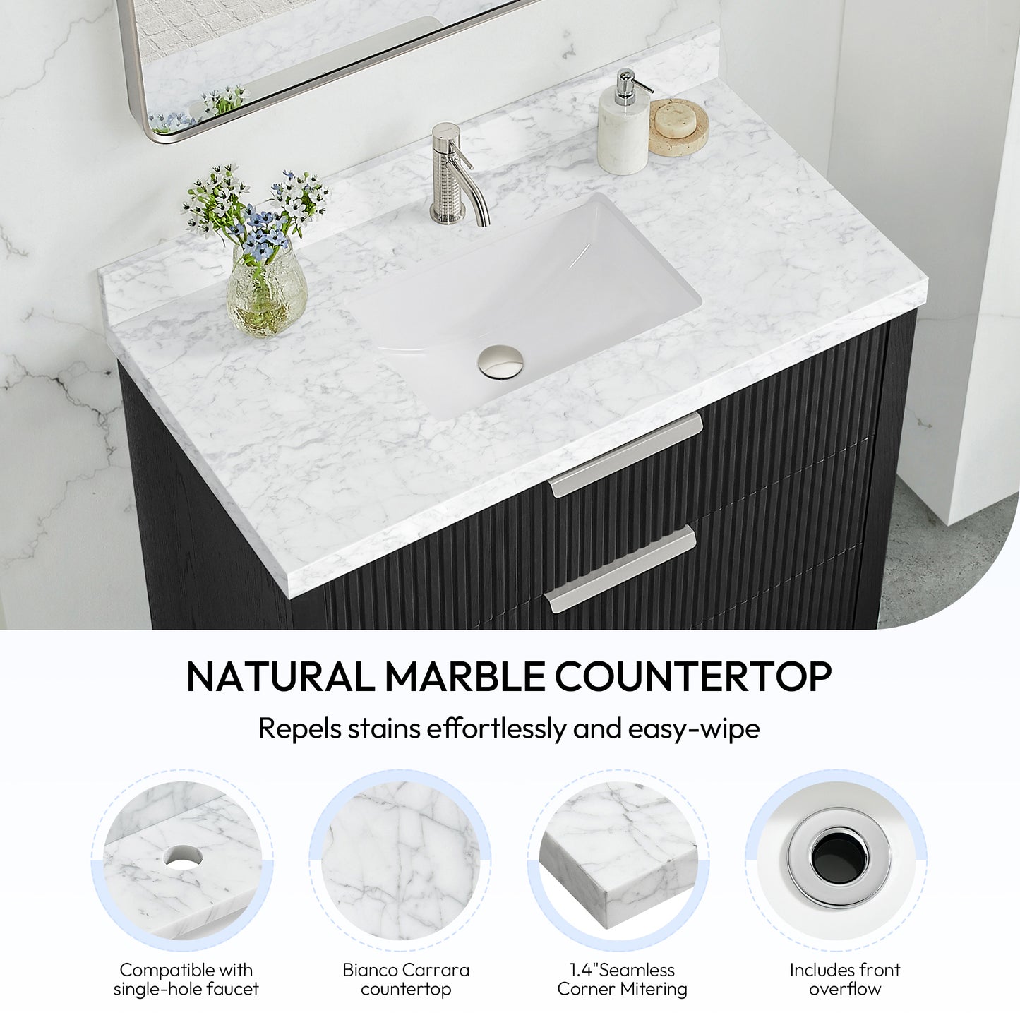 Zevio 43" W x 22" D Natural Marble Vanity Top in Carrara White with White Rectangular Single Sink