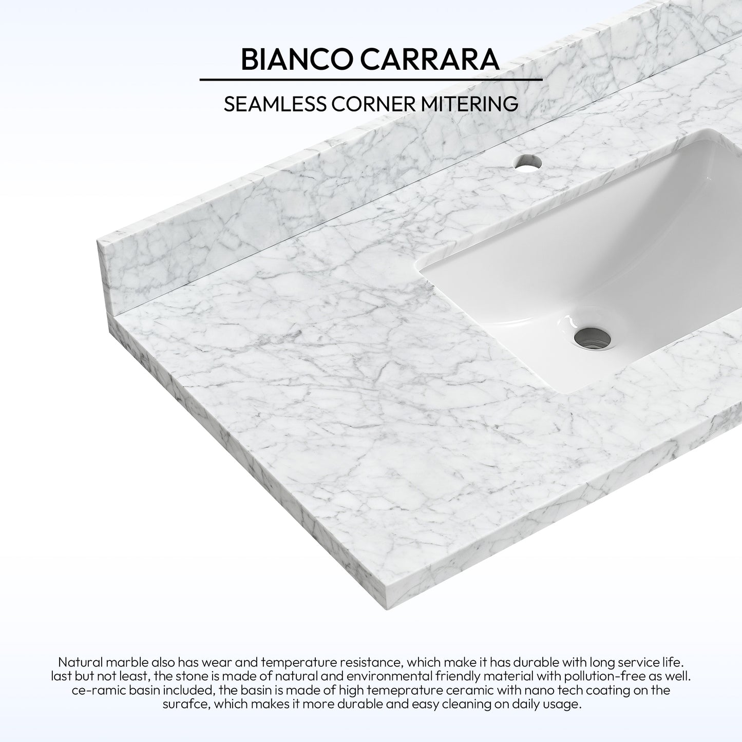 Zevio 43" W x 22" D Natural Marble Vanity Top in Carrara White with White Rectangular Single Sink