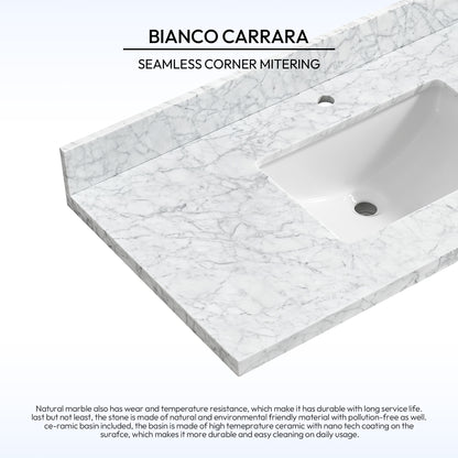 Zevio 43" W x 22" D Natural Marble Vanity Top in Carrara White with White Rectangular Single Sink