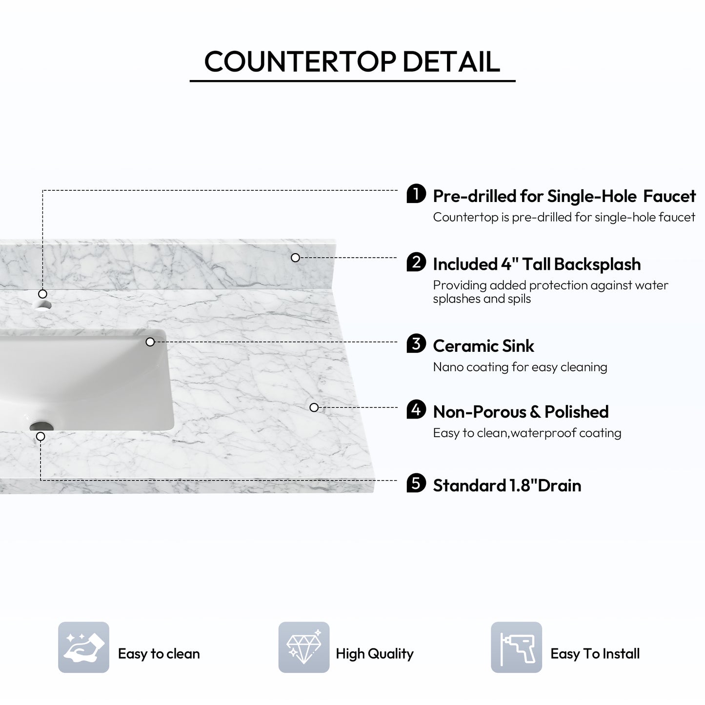 Zevio 43" W x 22" D Natural Marble Vanity Top in Carrara White with White Rectangular Single Sink