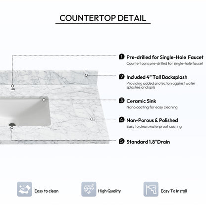 Zevio 43" W x 22" D Natural Marble Vanity Top in Carrara White with White Rectangular Single Sink
