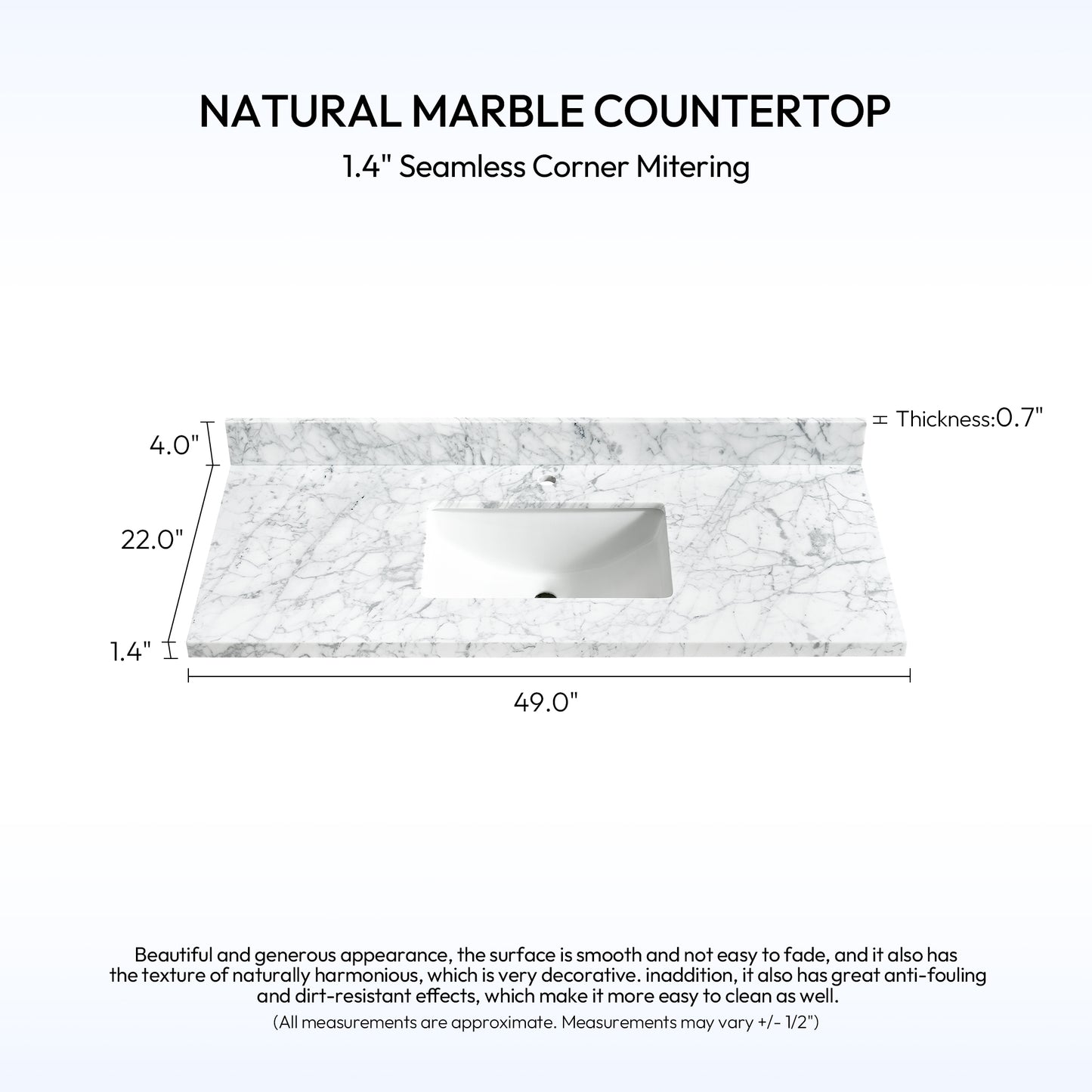 Zevio 49" W x 22" D Natural Marble Vanity Top in Carrara White with White Rectangular Single Sink