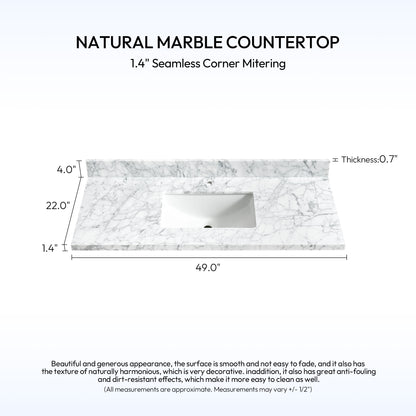 Zevio 49" W x 22" D Natural Marble Vanity Top in Carrara White with White Rectangular Single Sink