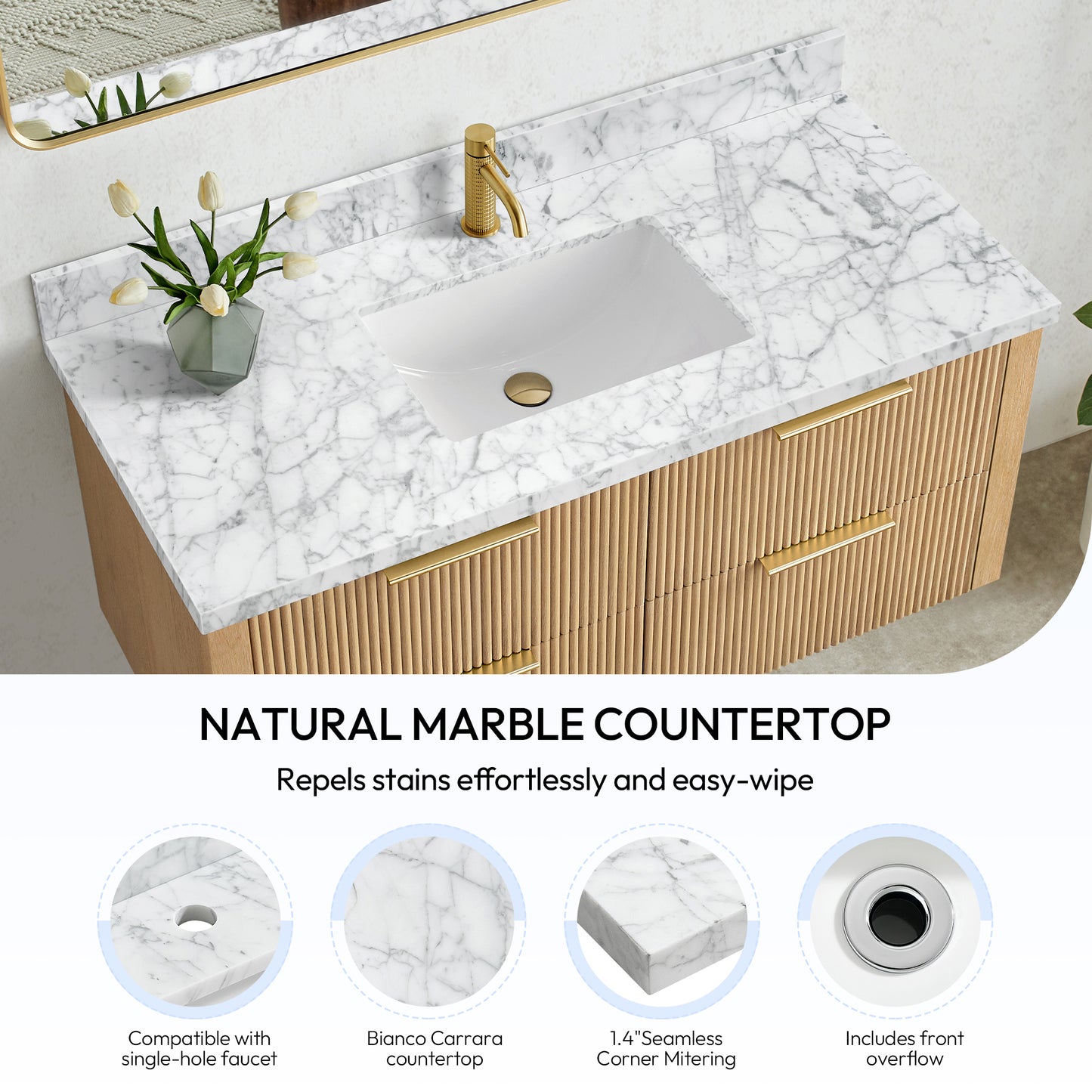 Zevio 49" W x 22" D Natural Marble Vanity Top in Carrara White with White Rectangular Single Sink