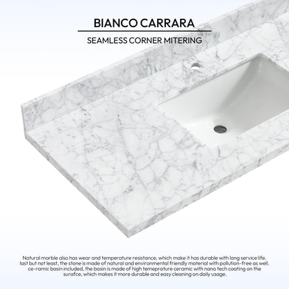 Zevio 49" W x 22" D Natural Marble Vanity Top in Carrara White with White Rectangular Single Sink