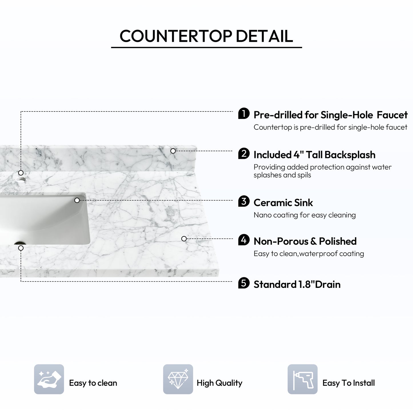 Zevio 49" W x 22" D Natural Marble Vanity Top in Carrara White with White Rectangular Single Sink