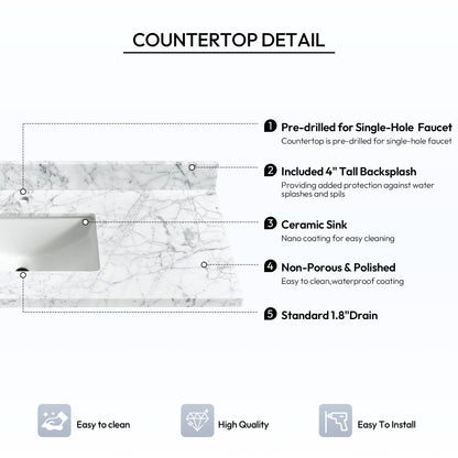 Zevio 49" W x 22" D Natural Marble Vanity Top in Carrara White with White Rectangular Single Sink