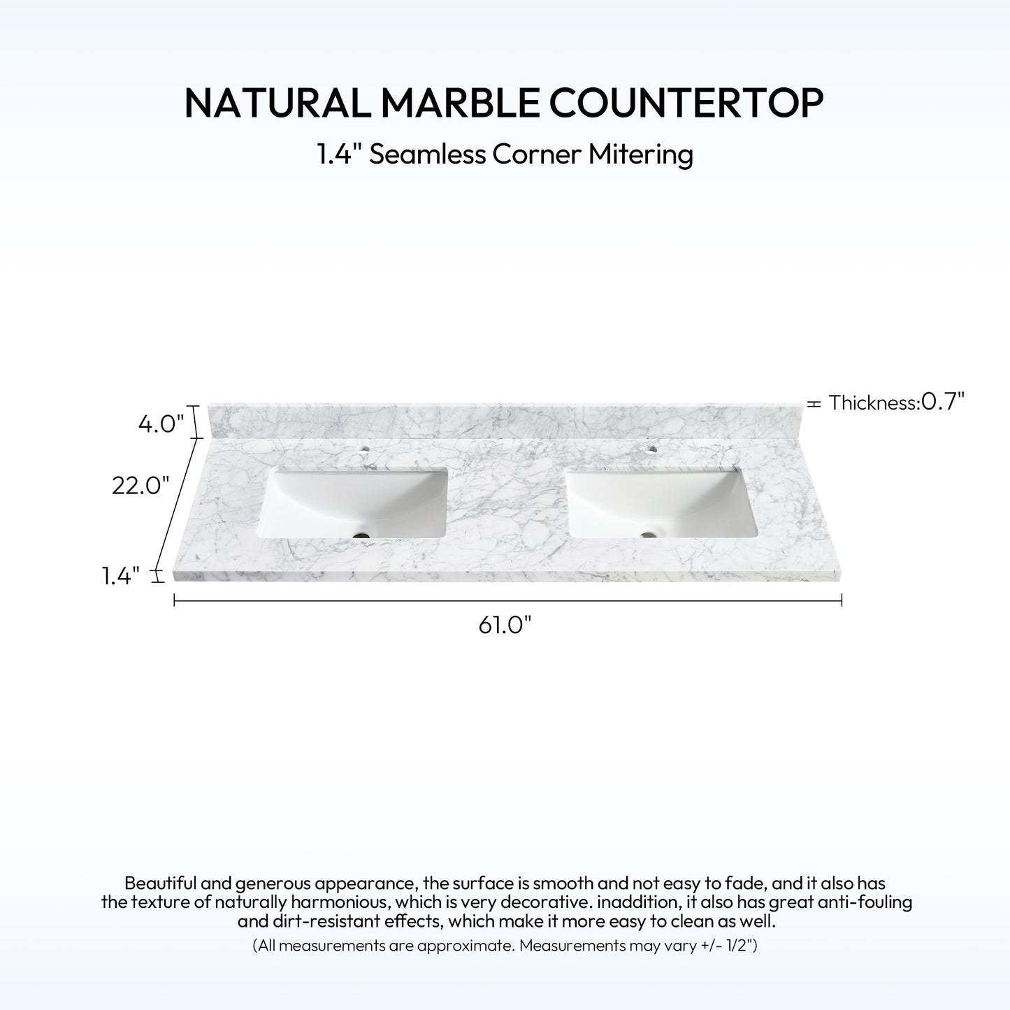 Zevio 61" W x 22" D Natural Marble Vanity Top in Carrara White with White Rectangular Single Sink