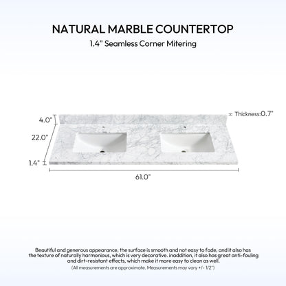 Zevio 61" W x 22" D Natural Marble Vanity Top in Carrara White with White Rectangular Single Sink