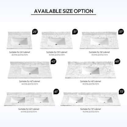 Zevio 61" W x 22" D Natural Marble Vanity Top in Carrara White with White Rectangular Single Sink