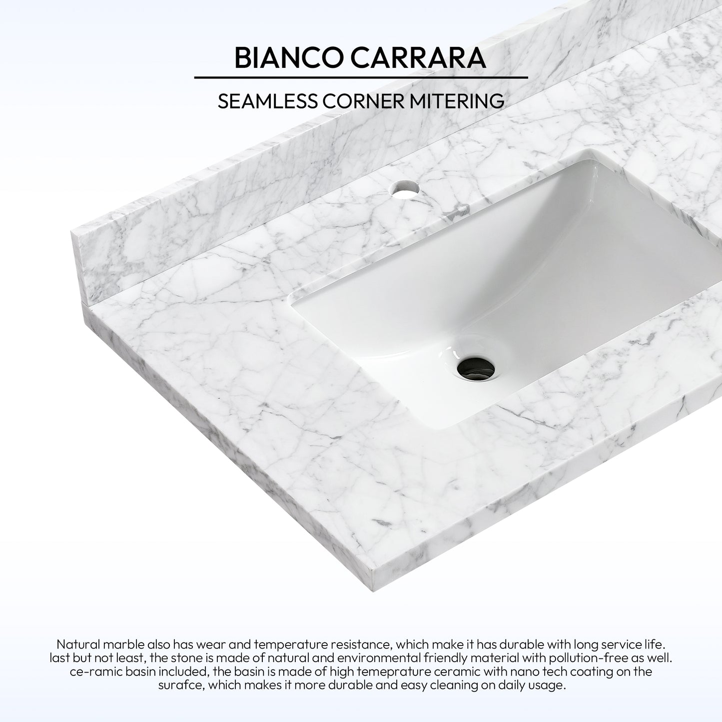 Zevio 61" W x 22" D Natural Marble Vanity Top in Carrara White with White Rectangular Single Sink