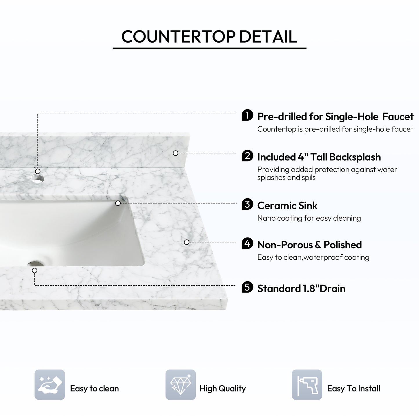 Zevio 61" W x 22" D Natural Marble Vanity Top in Carrara White with White Rectangular Single Sink