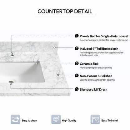 Zevio 61" W x 22" D Natural Marble Vanity Top in Carrara White with White Rectangular Single Sink