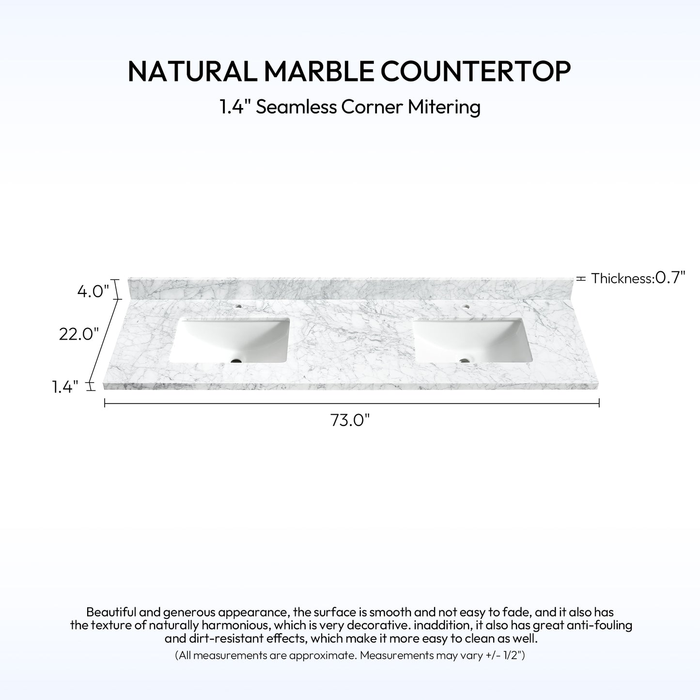 Zevio 72" W x 22" D Natural Marble Vanity Top in Carrara White with White Rectangular Single Sink