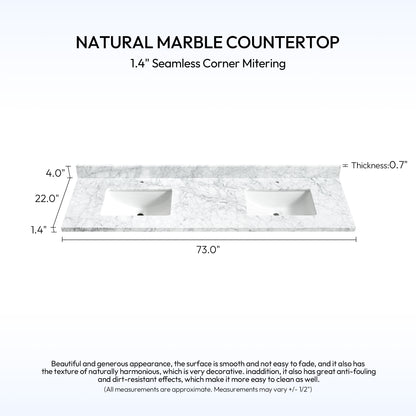 Zevio 72" W x 22" D Natural Marble Vanity Top in Carrara White with White Rectangular Single Sink