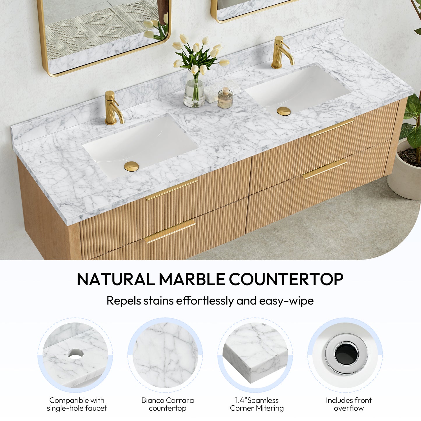Zevio 72" W x 22" D Natural Marble Vanity Top in Carrara White with White Rectangular Single Sink