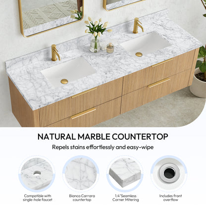 Zevio 72" W x 22" D Natural Marble Vanity Top in Carrara White with White Rectangular Single Sink