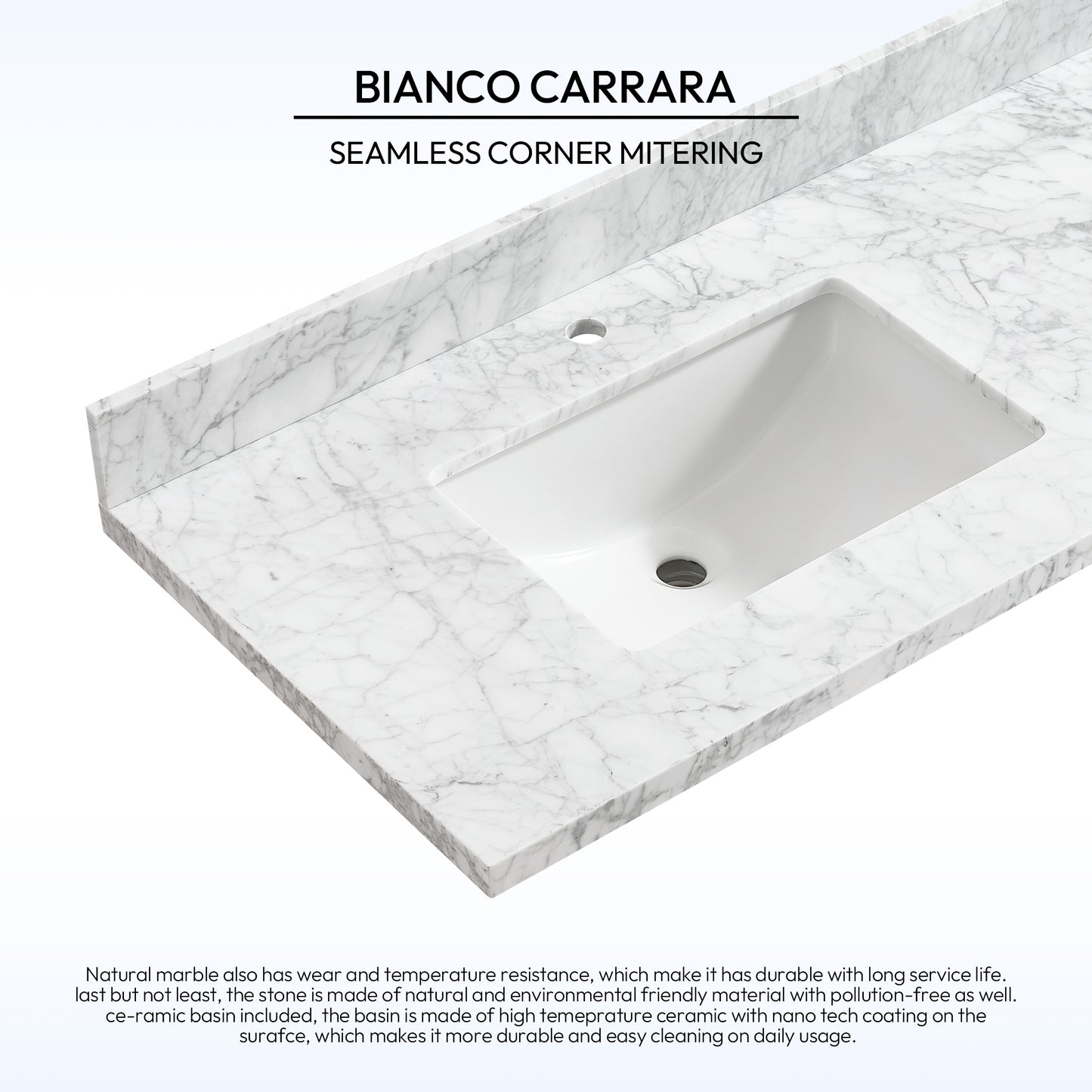 Zevio 72" W x 22" D Natural Marble Vanity Top in Carrara White with White Rectangular Single Sink