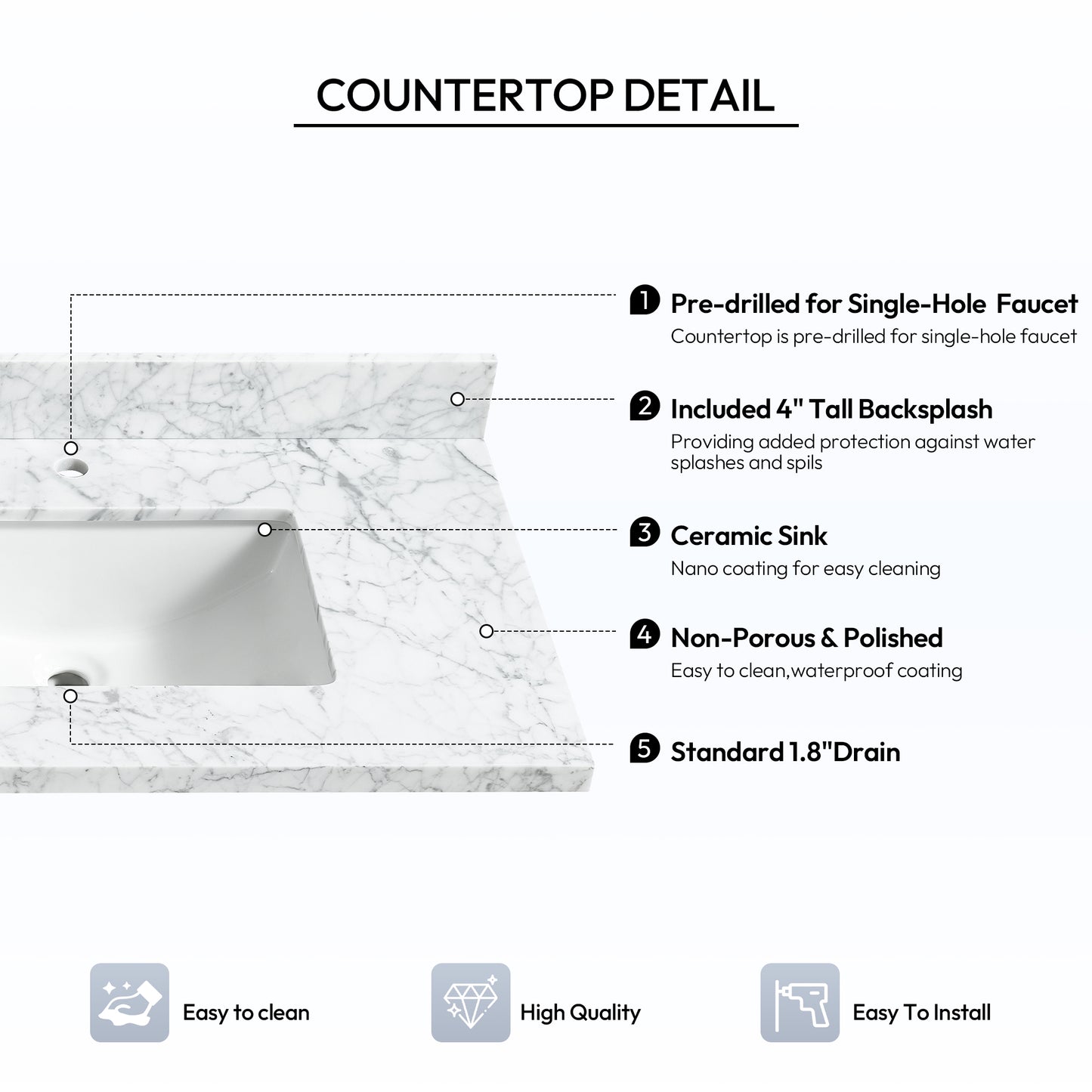 Zevio 72" W x 22" D Natural Marble Vanity Top in Carrara White with White Rectangular Single Sink