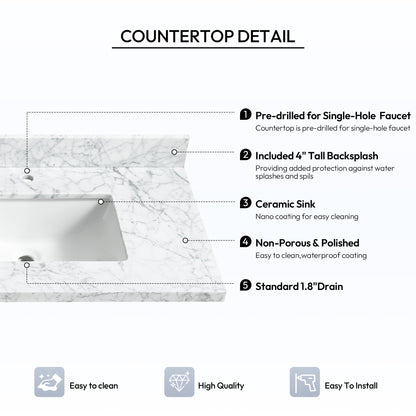 Zevio 72" W x 22" D Natural Marble Vanity Top in Carrara White with White Rectangular Single Sink
