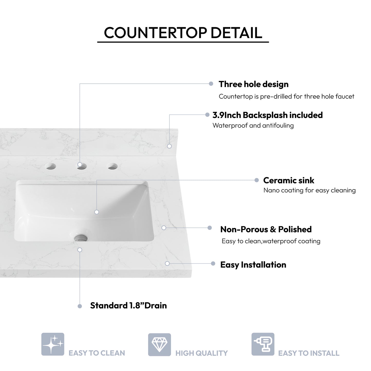 Jaen 25" W x 22" D Composite Stone Vanity Top in Grain White with White Rectangular Single Sink