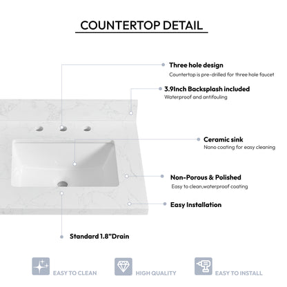 Jaen 25" W x 22" D Composite Stone Vanity Top in Grain White with White Rectangular Single Sink