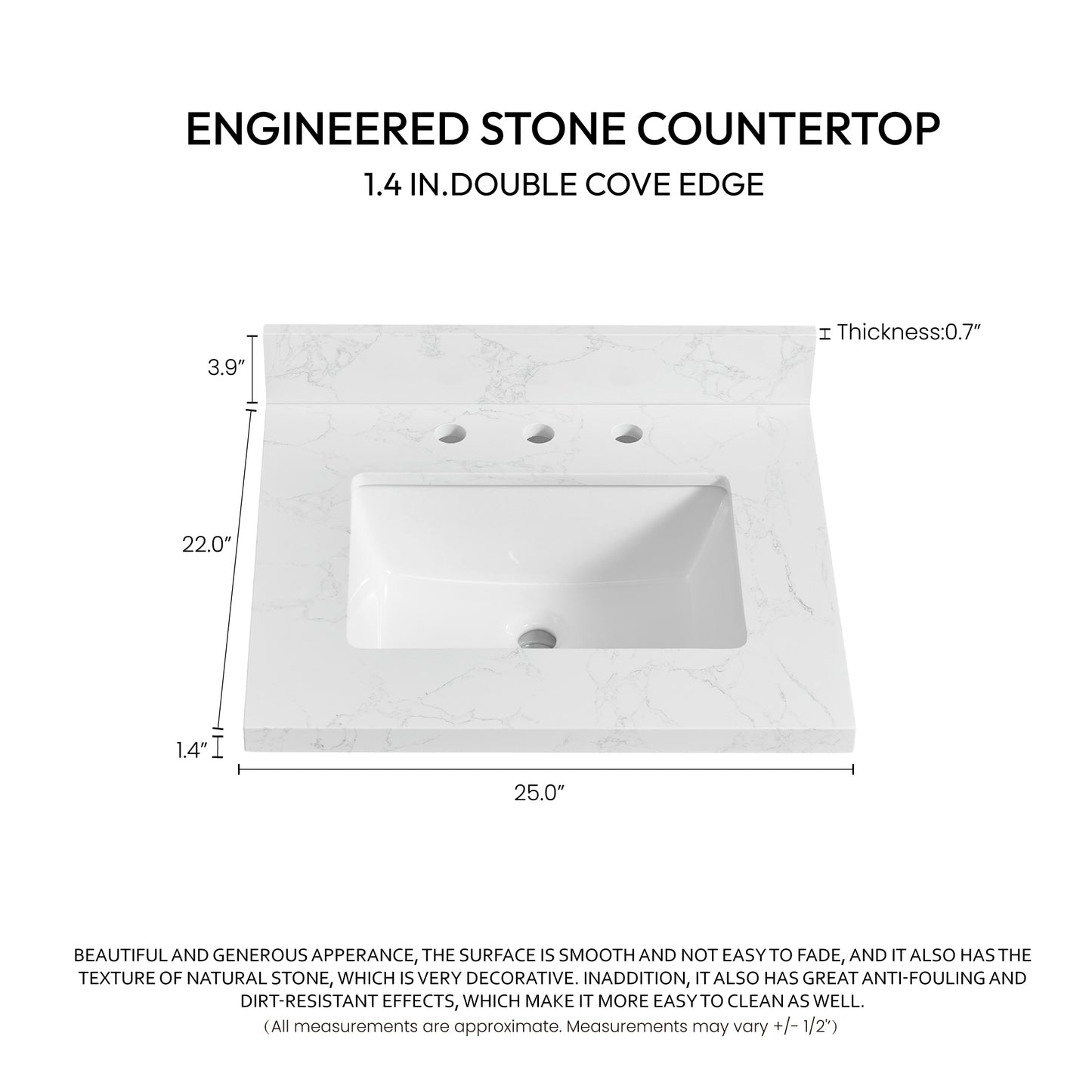 Jaen 25" W x 22" D Composite Stone Vanity Top in Grain White with White Rectangular Single Sink