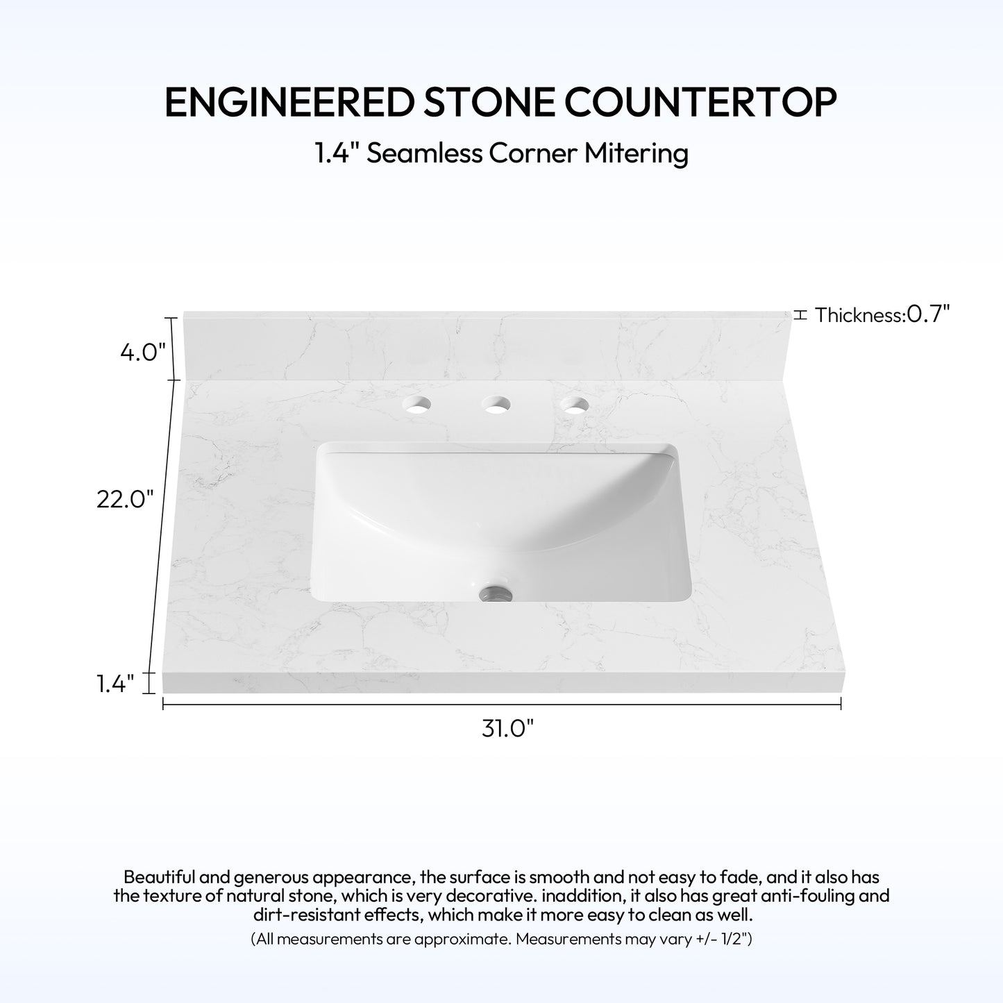 Jaen 31" W x 22" D Composite Stone Vanity Top in Grain White with White Rectangular Single Sink