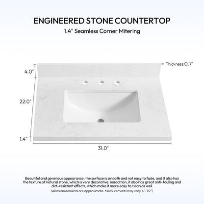 Jaen 31" W x 22" D Composite Stone Vanity Top in Grain White with White Rectangular Single Sink