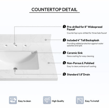 Jaen 31" W x 22" D Composite Stone Vanity Top in Grain White with White Rectangular Single Sink
