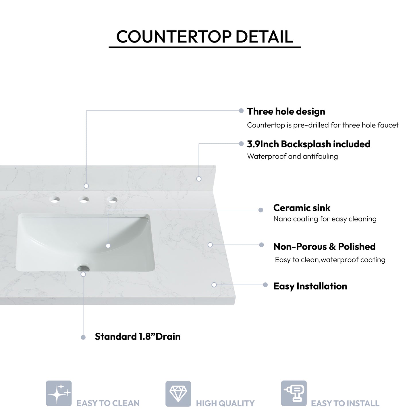 Jaen 37" W x 22" D Composite Stone Vanity Top in Grain White with White Rectangular Single Sink